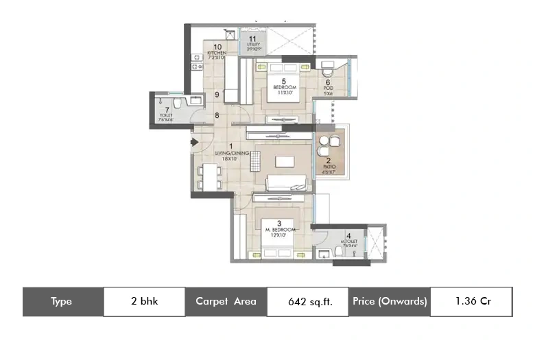 2BHK floor plan in Thane West