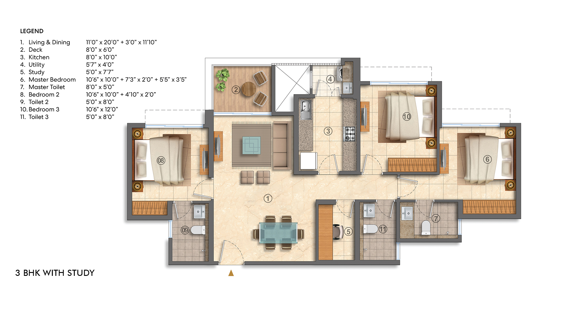 3 BHK WITH STUDY floor plan
