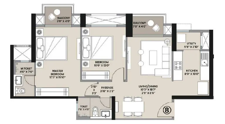 2BHK floor plan in Panvel