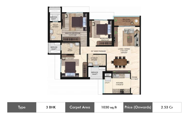 3 BHK Standard floor plan