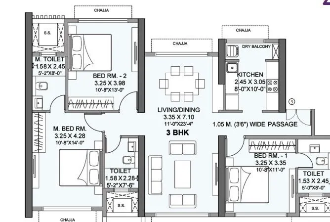 3 BHK(S) floor plan