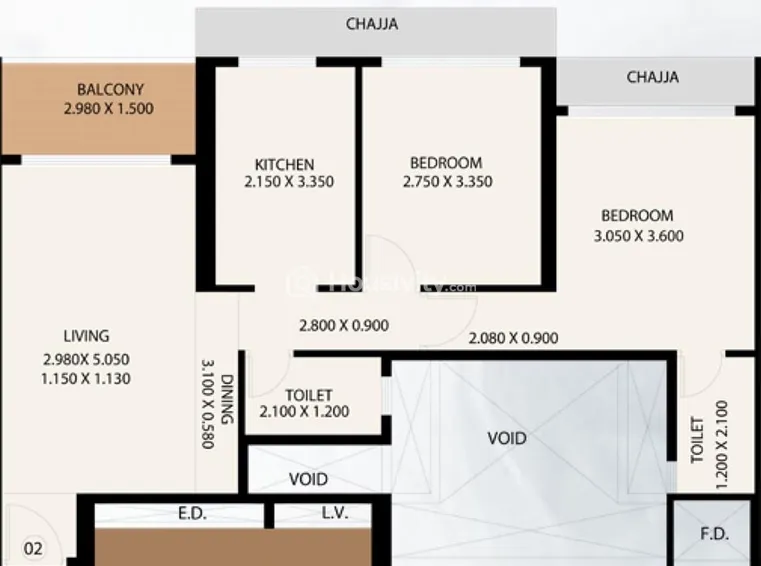 2BHK floor plan in Kharghar