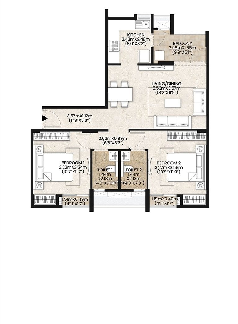 2 BHK Standard floor plan